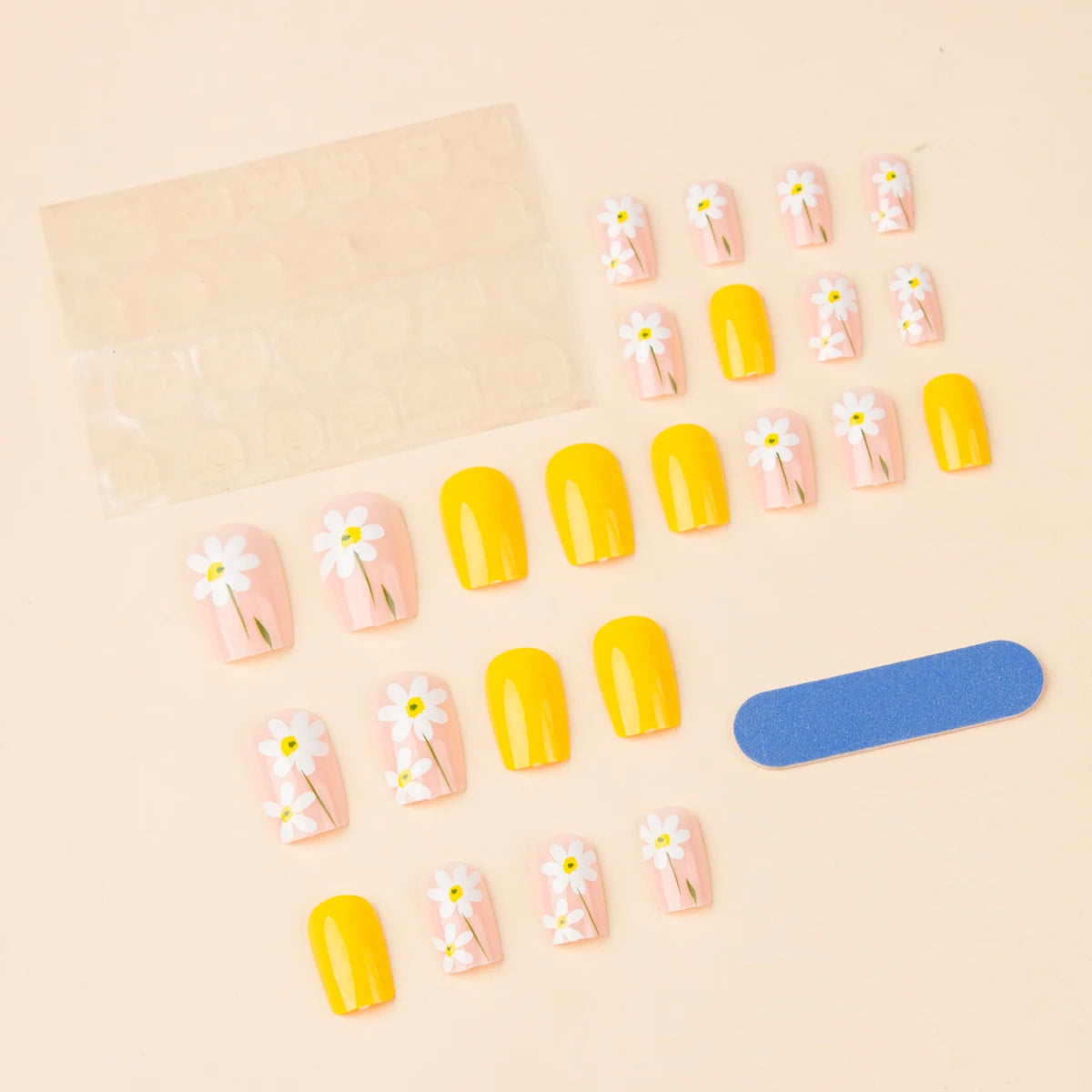 24 peças unhas postiças quadradas estilo europeu, brilho médio, flor amarela, unhas postiças reutilizáveis, fofas, para mulheres/meninas