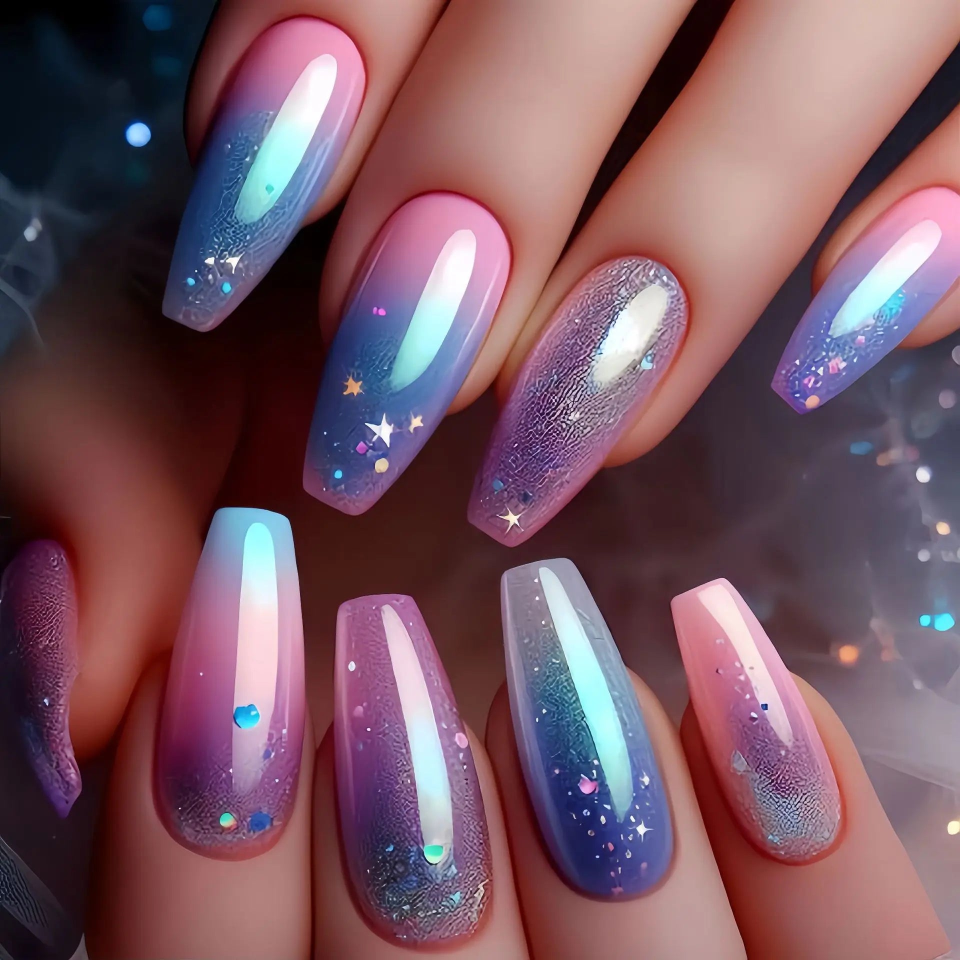 24pcs Romantic Sky Press on Nail Pink Purple Gradient Starry Sky False Nails Wearable European Square Head Fake Nails for Women