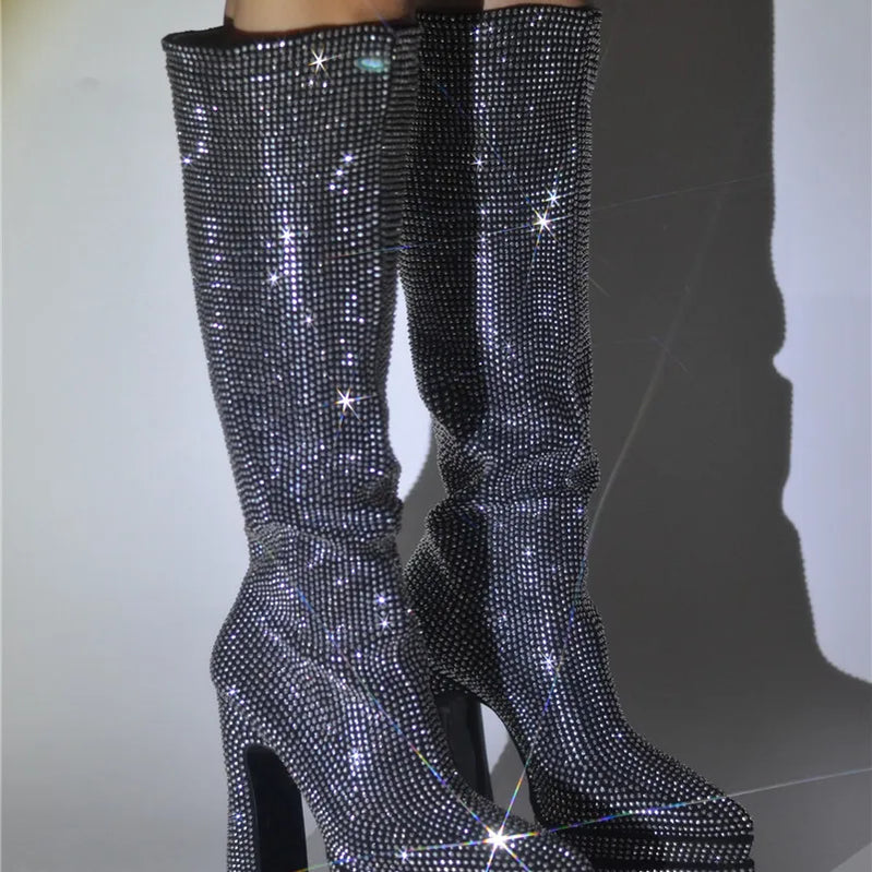 Street Style Women Knee High Boots Crystal Platform High Heel Fashion Rhinestone Boots Ladies Wedding Strass Shoes High Heels Gray