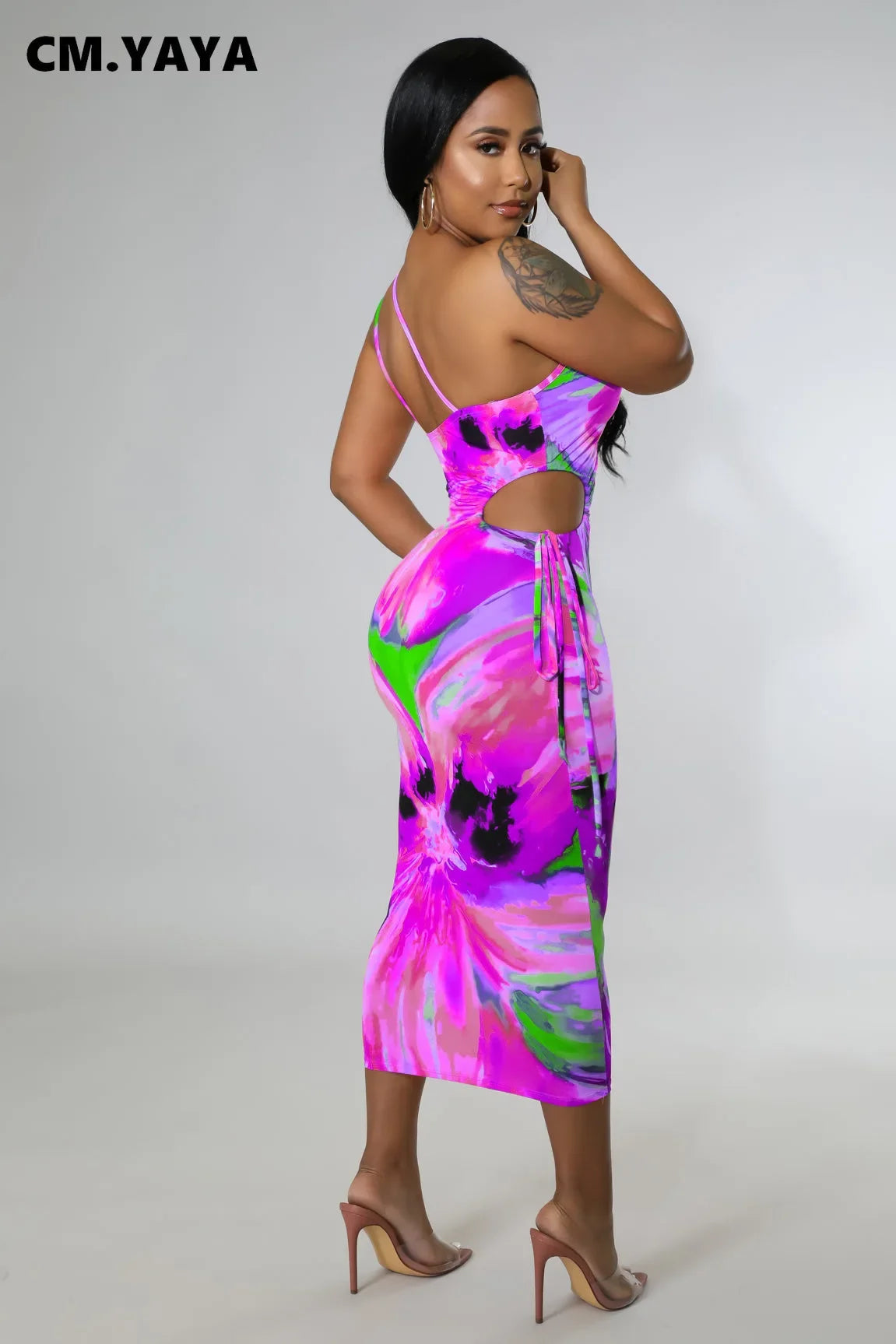 CM.YAYA 2022 Tie Dye Summer Womem Bodycon Bandage Spaghetti Strap Skew Neck Sleeveless Midi Dress Sexy Party Evening Club Dress