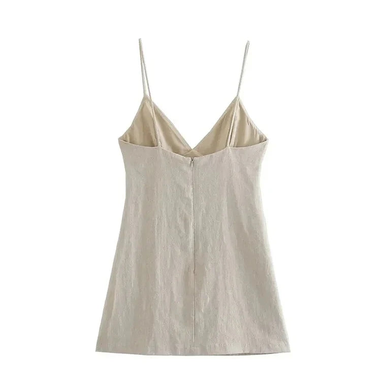 Nlzgmsj TRAF Women Chic Fashion Sleeveless Lnlay Mini Dress Vintage Thin Straps Summer Female Dresses Vestidos Mujer