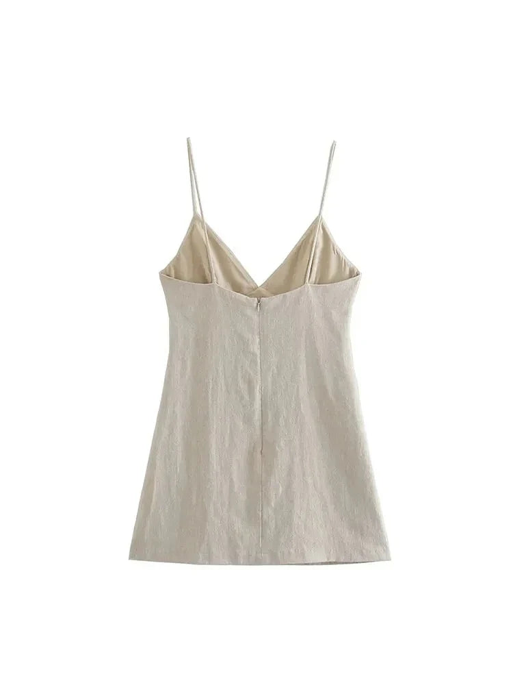 Nlzgmsj TRAF Women Chic Fashion Sleeveless Lnlay Mini Dress Vintage Thin Straps Summer Female Dresses Vestidos Mujer