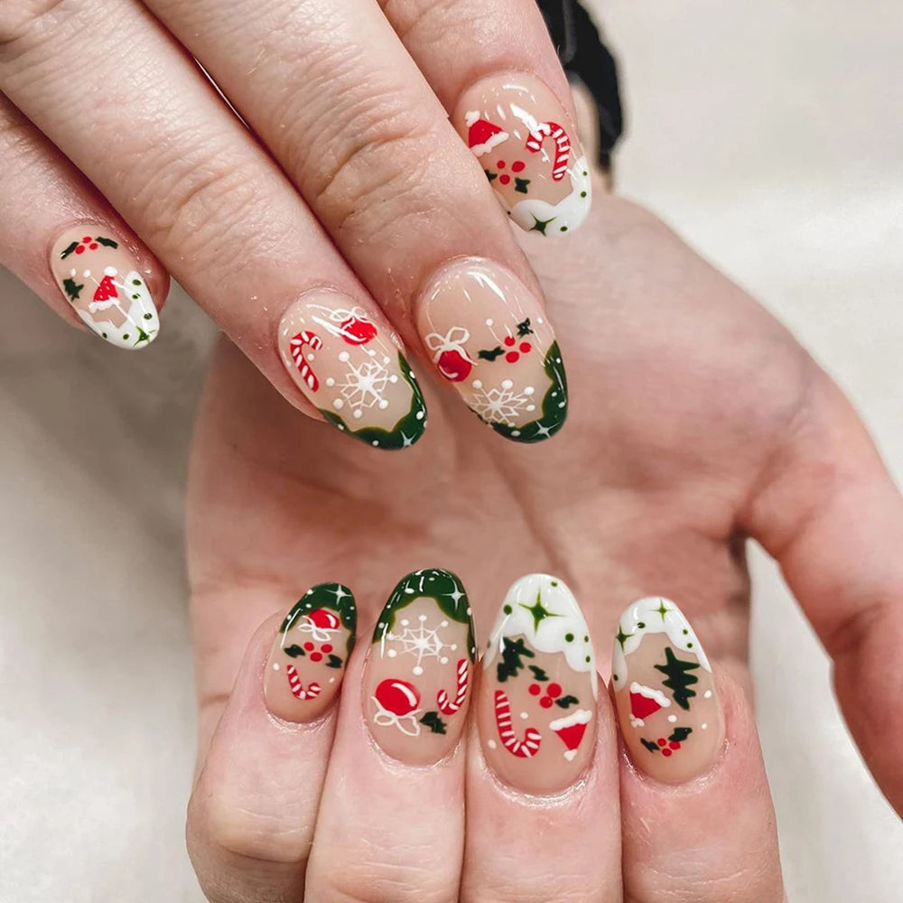 24Pcs/Box Christmas Women Wearable Fake Nails Finished Full Cover Europe America Christmas Collection Short Flat Nails Art Gift 12