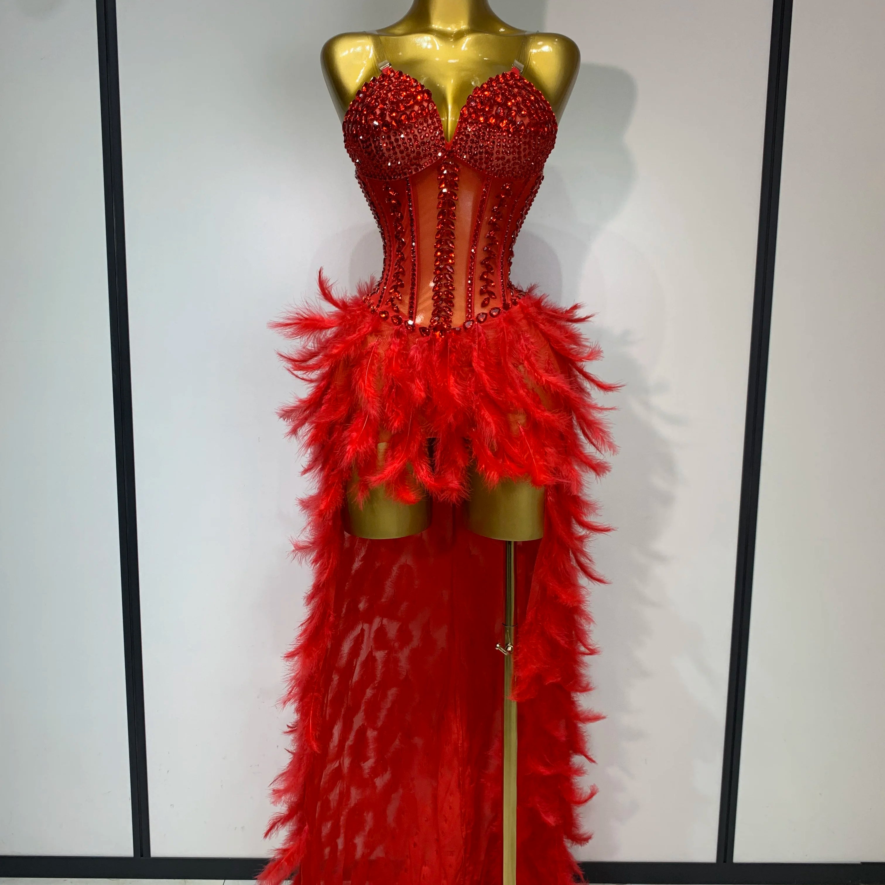 Sparkly Rhinestones Bodysuit Feathers Long Tail Dress Sexy Mesh Transparent Evening Party Celebrate Birthday Dress Stage Outfit