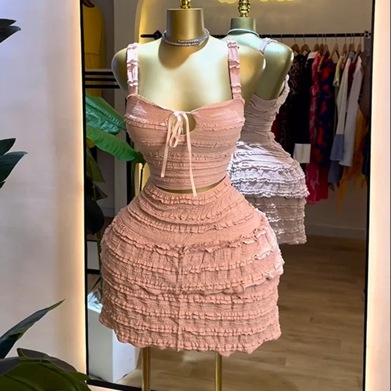 CM.YAYA Beach Boho Women's Set Strap Sleeveless Tank Top and Ruched Mini A-line Skirts Two 2 Piece Sets 2025 Summer Outfits