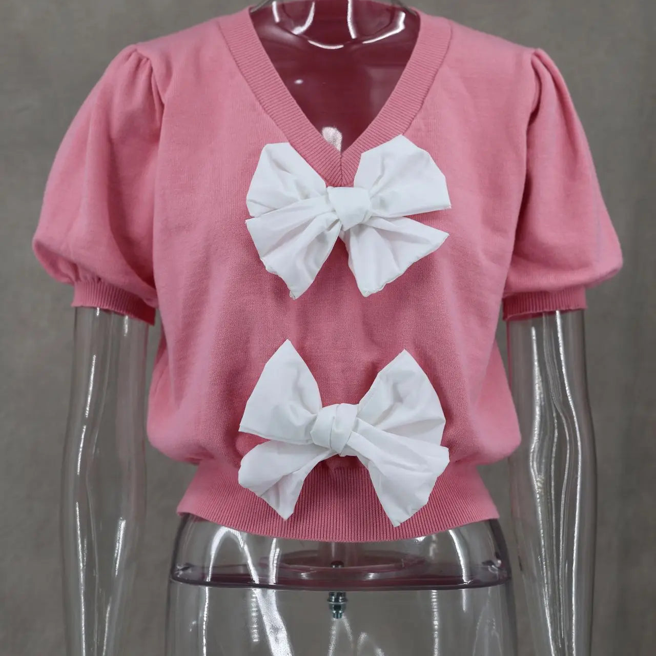 Spring Summer Women Knitted Pullover Sweater Bow Lace Up V-neck Short Puff Sleeve Crop Female Sweet Pink White Streetwear