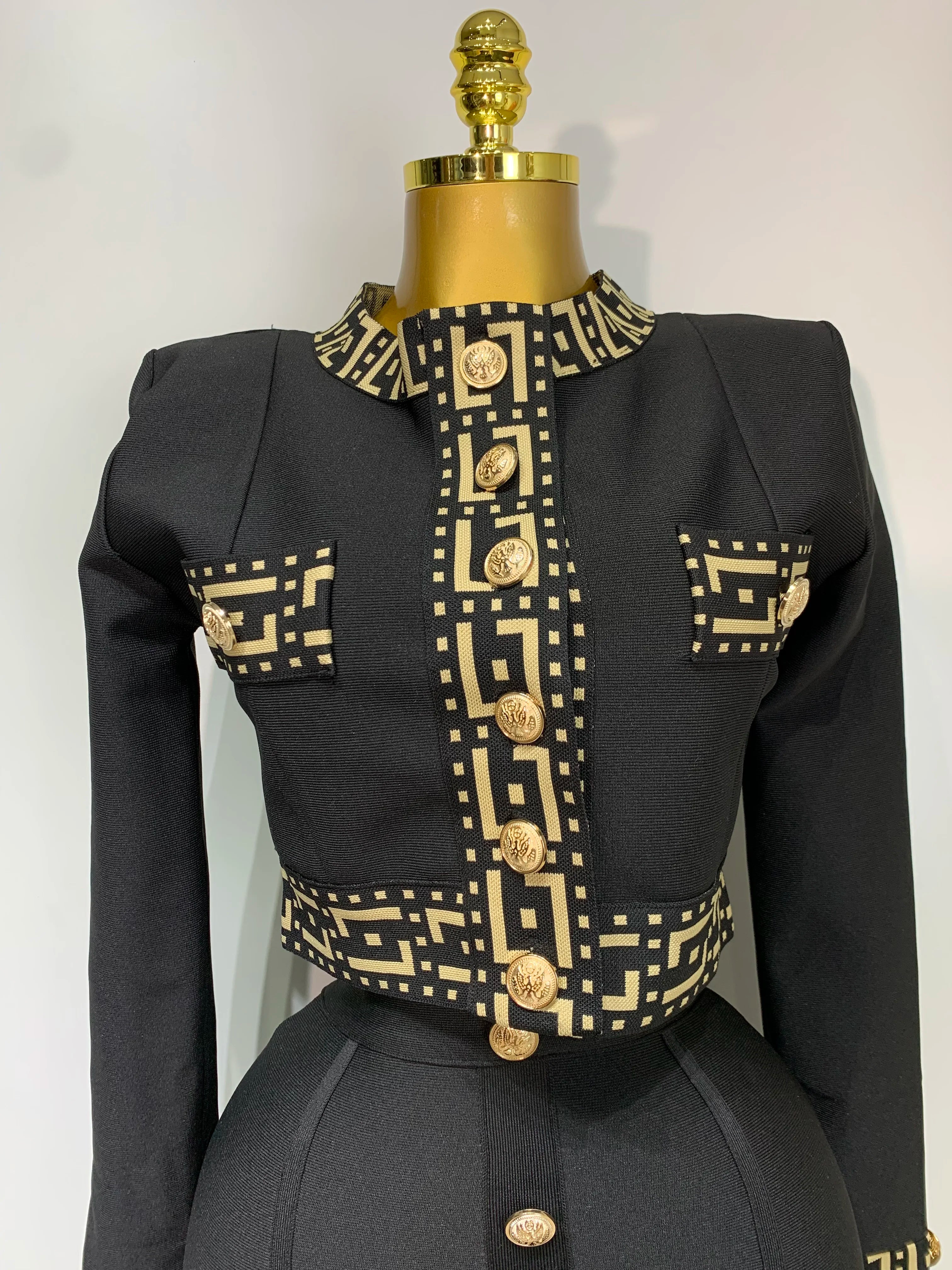 Women Black Long Sleeves Two Pieces Bandage Set Bottons Top Bodycon Mini Skirt Suit Evening Party Luxury Birthday Women's Outfit