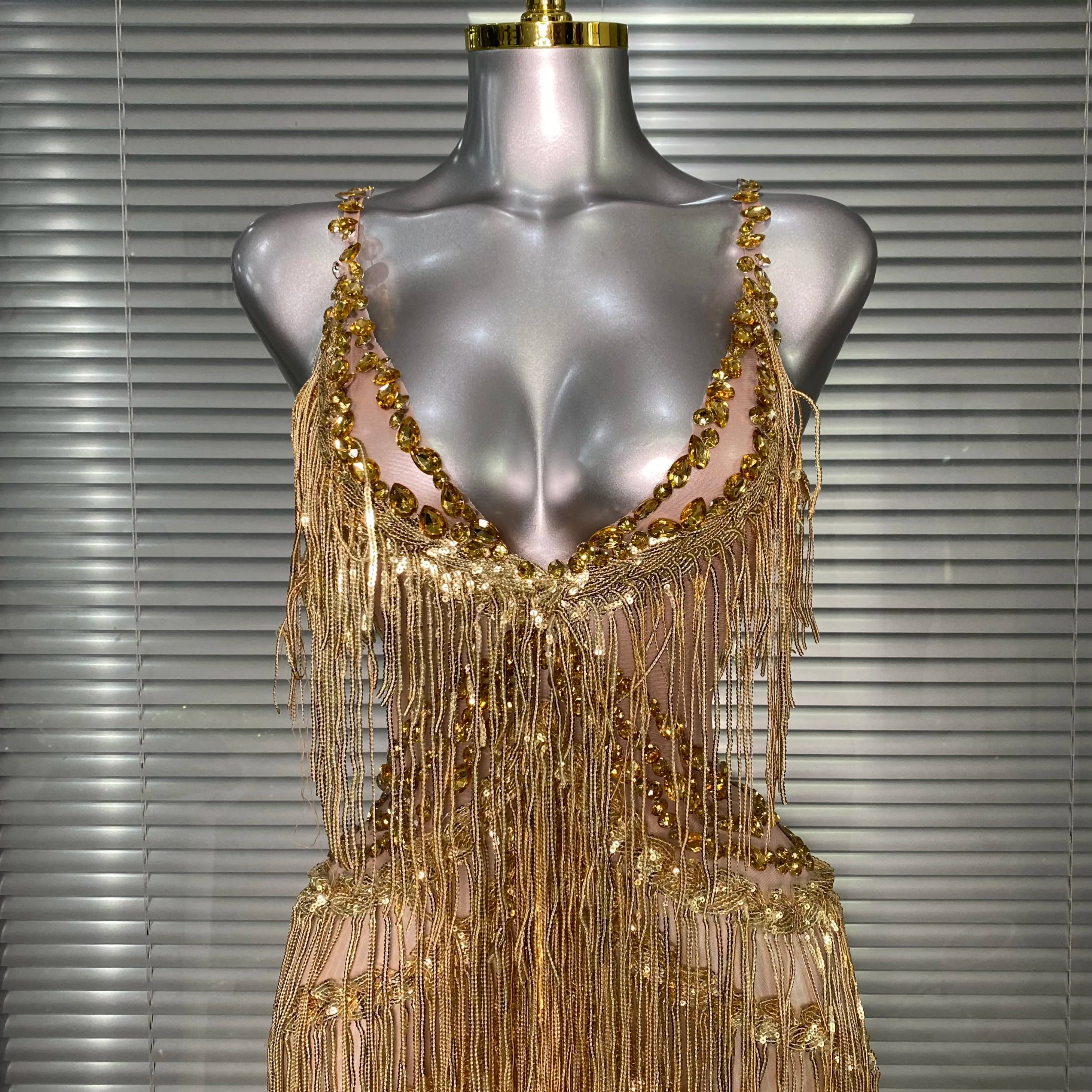 Brand New 2025 Women Sexy Gold Tassel Crystal Jumpsuit Celebrity Designer Stretchy Singer Dancer Stage Night Club Rompers