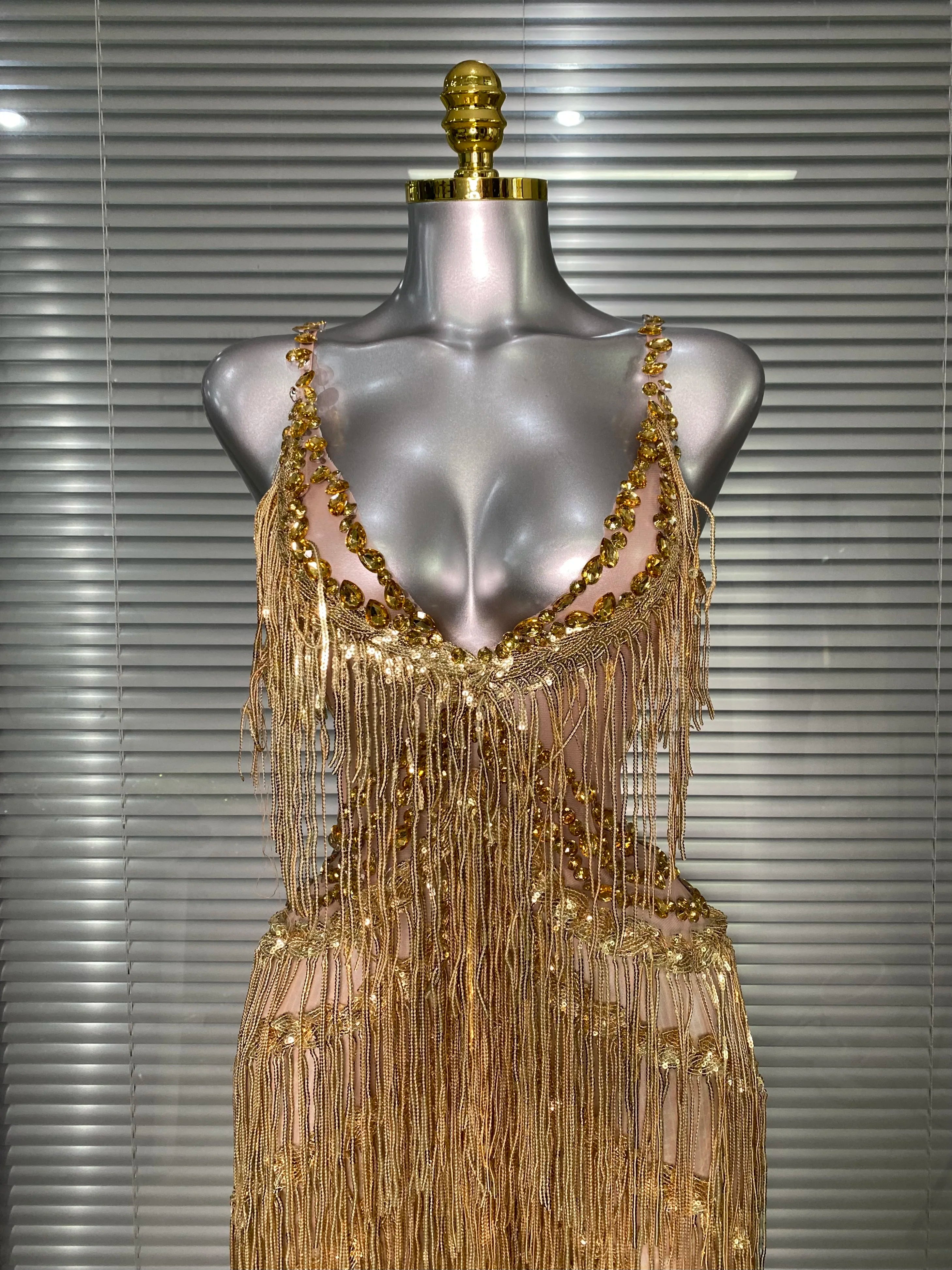 Brand New 2025 Women Sexy Gold Tassel Crystal Jumpsuit Celebrity Designer Stretchy Singer Dancer Stage Night Club Rompers