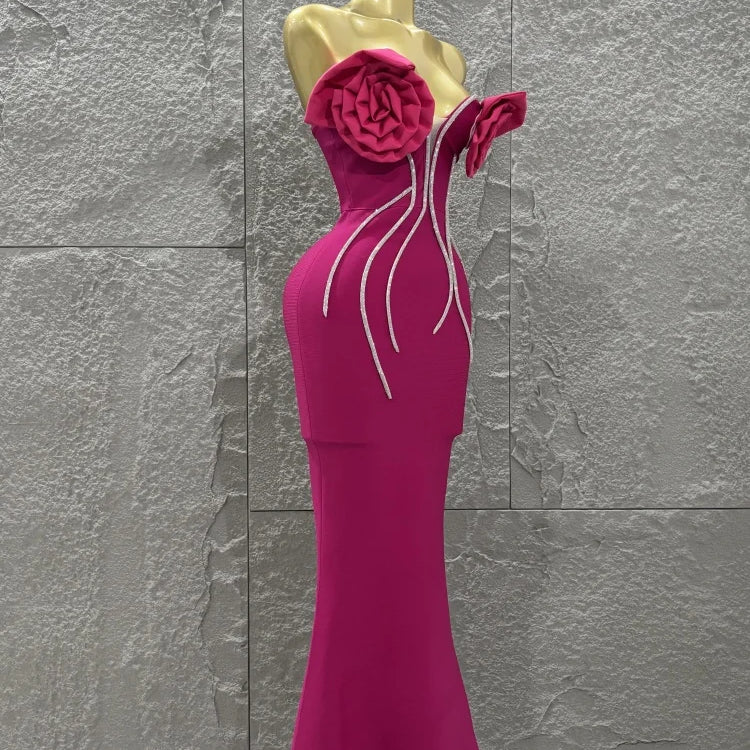 Rosered Color Women Sexy Florals Strapless Diamond Line Bodycon Long Bandage Dress Birthday Party Photo Shoot Wear