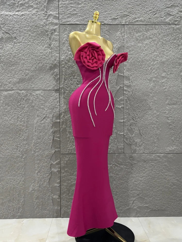 Rosered Color Women Sexy Florals Strapless Diamond Line Bodycon Long Bandage Dress Birthday Party Photo Shoot Wear