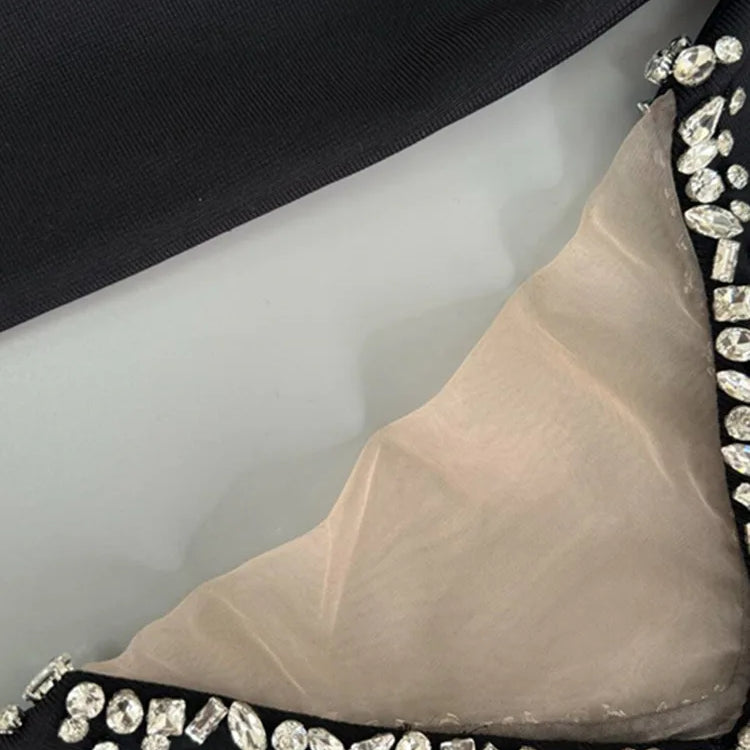 Vestido longo de bandagem preto, sexy, de manga comprida, com decote em V e contas, para mulheres, celebridades, 2025, elegante, para festa à noite