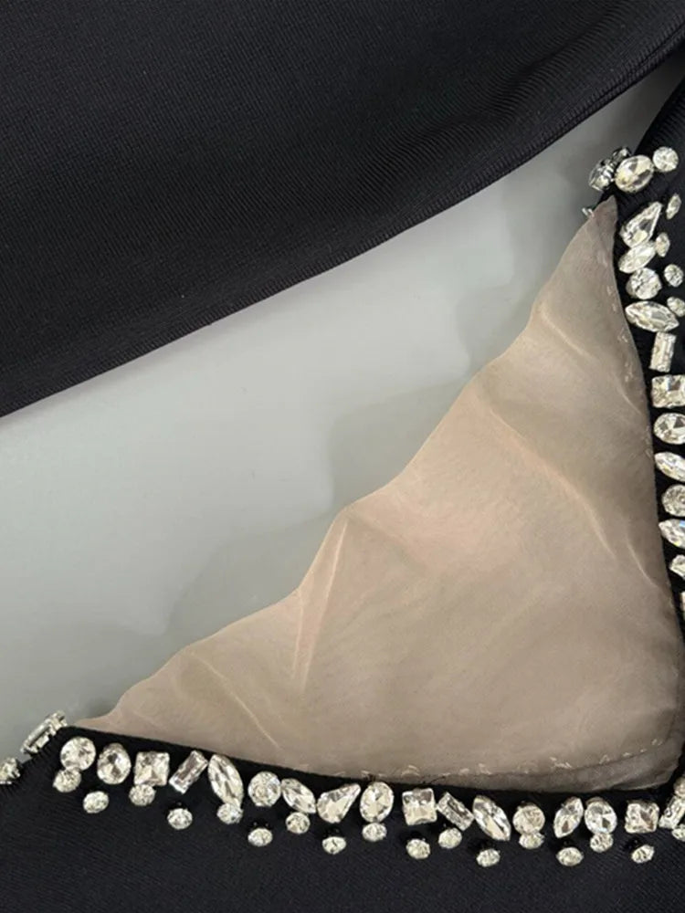 Vestido longo de bandagem preto, sexy, de manga comprida, com decote em V e contas, para mulheres, celebridades, 2025, elegante, para festa à noite
