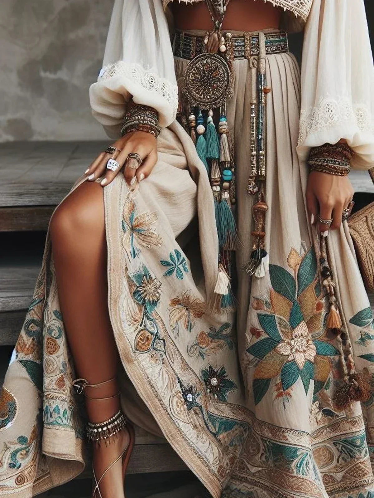 Vintage Bohemian Women's Skirt Casual Harajuku Fashion Ethnic Floral Print Cascading Hem High Waist Pleated Maxi Skirts Beige