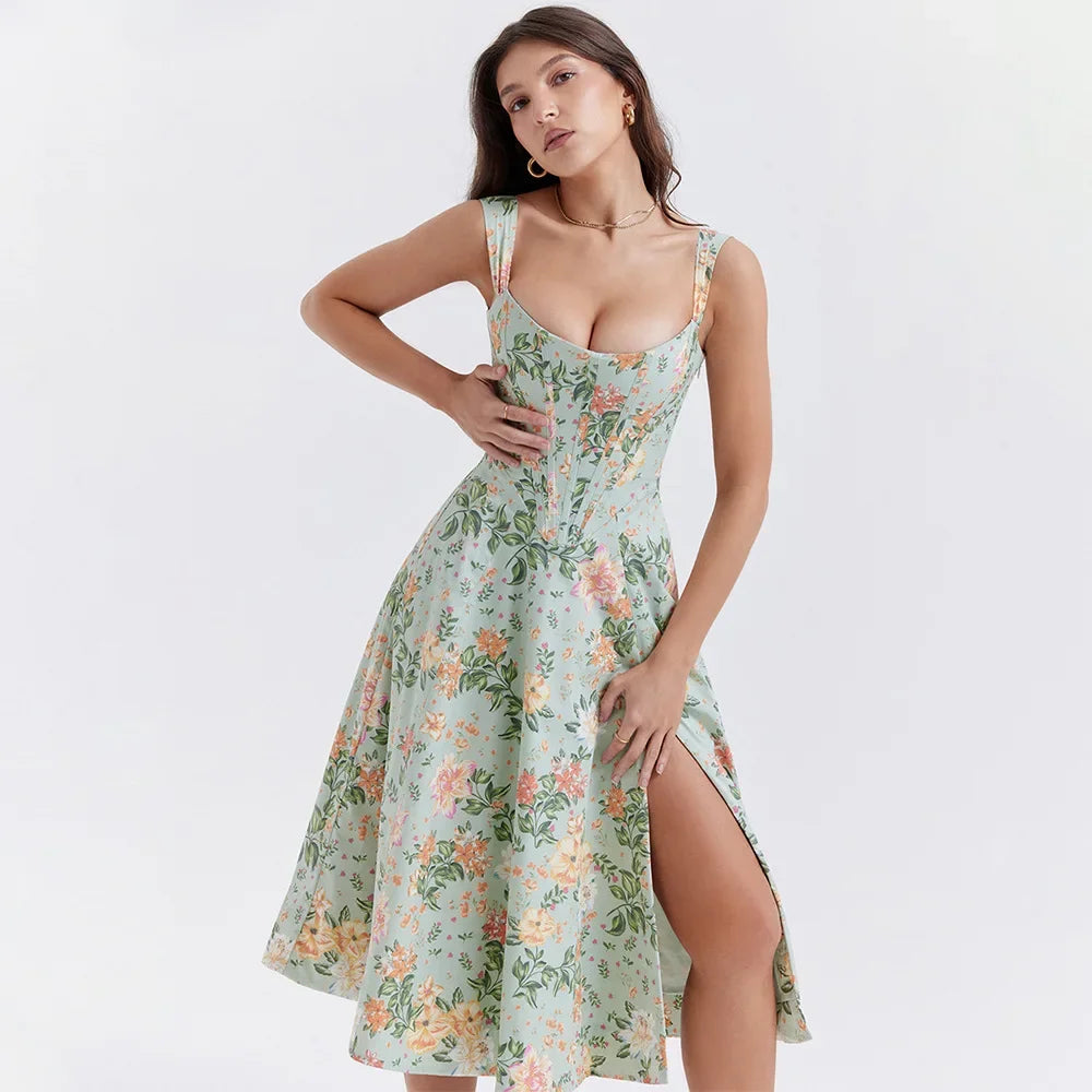 Summer Dress Women Green Lace Up Floral Print Dress Elegant with Boning Casual Party Holiday Dress High Quality with boning lining