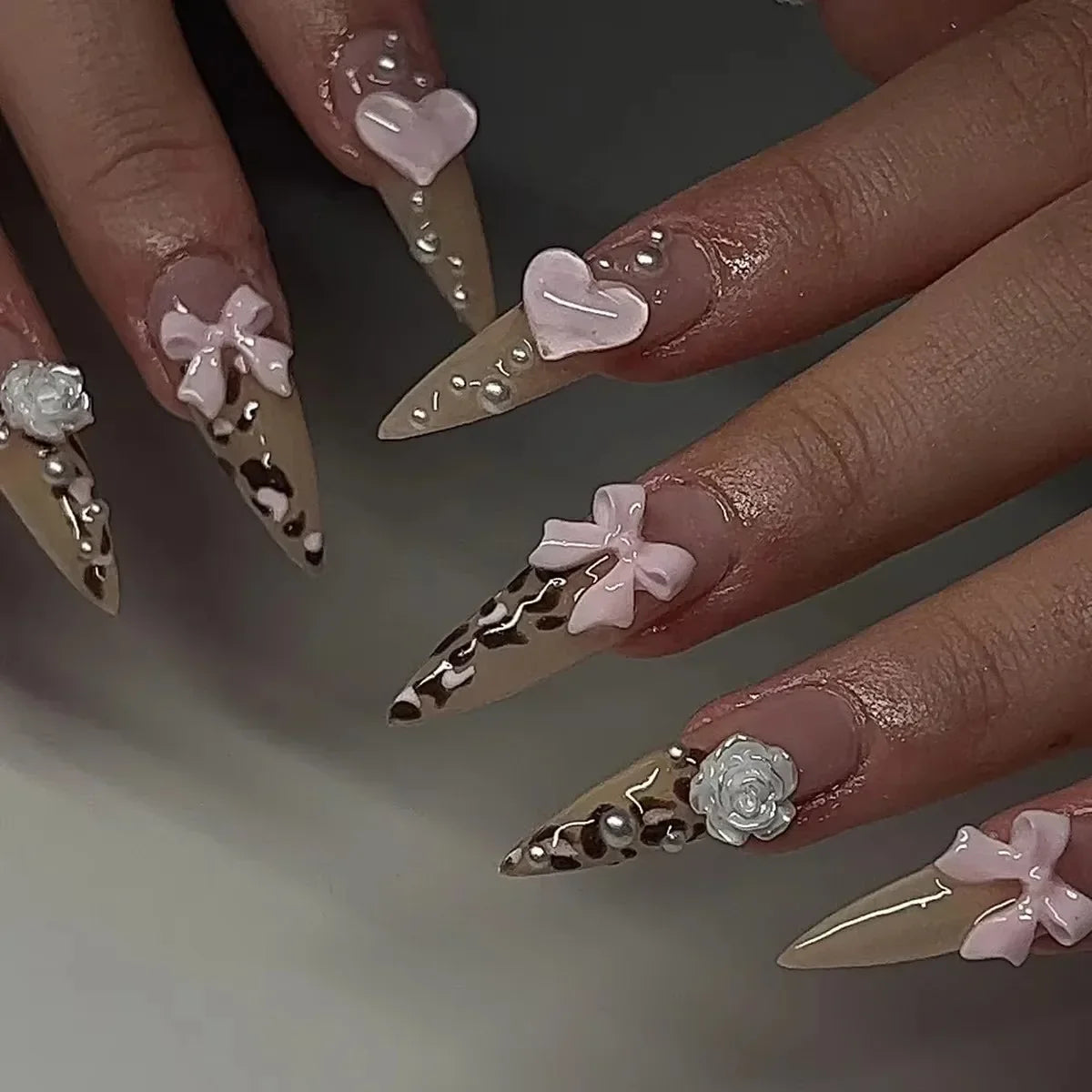 Cherry Leopard Print Almond Fake Nails Art Ballet Pointed False Nails Charms Flower Star Love Heart Press on Nails Manicure Tool