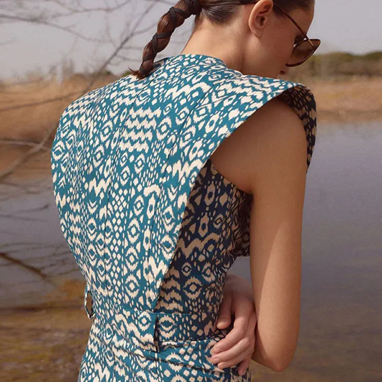 Vintage Flying Sleeve Print Dress For Women Elegant O Neck Single Breasted Pocket Robes Female Office High Street Travel Outfits