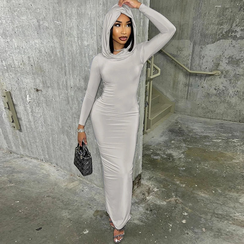 Women 2024 Autumn Winter Fashion Long Sleeve Streetwear Hooded Bodycon Long Dress Wholesale Items For Business Light Grey