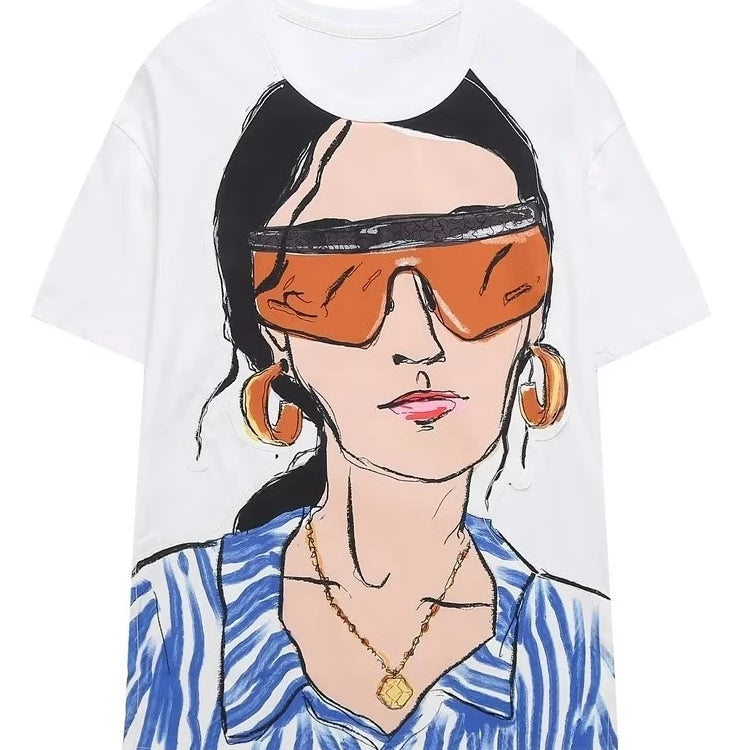 Women Fashion Contrast Color Girls Print Casual T Shirt Female Basic O Neck Short Sleeve Chic Leisure Tops T3069