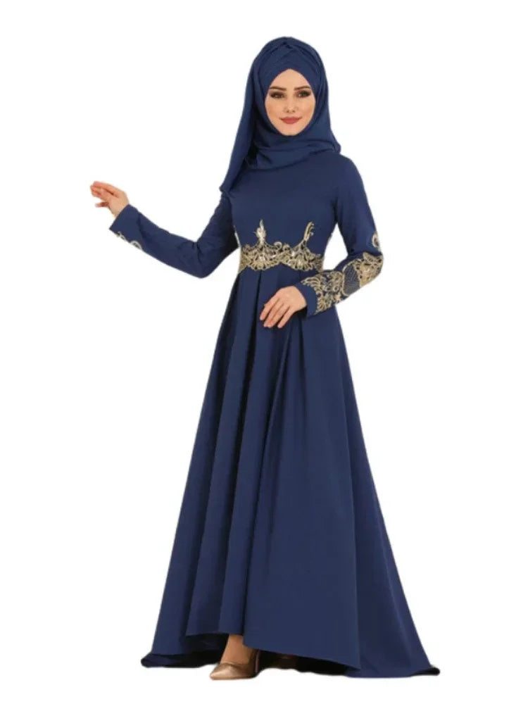 New In Women Dress NO Scarf Elegant Muslim Islam Abaya Embroidered Elastic Falbala High Waist Slim Party Robe Swing Robe Dresses Blue