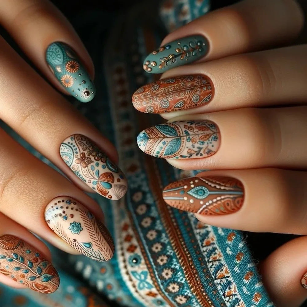 24Pcs Retro French Fake Nails with Moon Leaves Design Wearable Glitter False Nail Mid-length Almond Reusable Press on Nails Art
