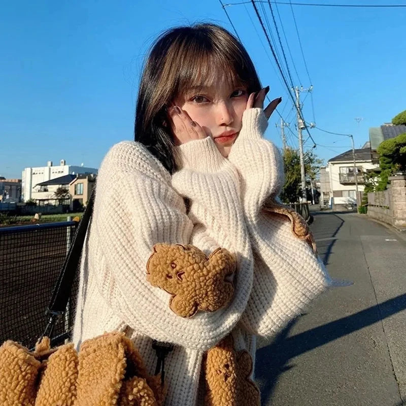 Sweet Cartoon Bear Sweater Women Cute Knitted Pullovers Japanese Harajuku Oversized Knitwears Korean Loose Casual Jumper Tops