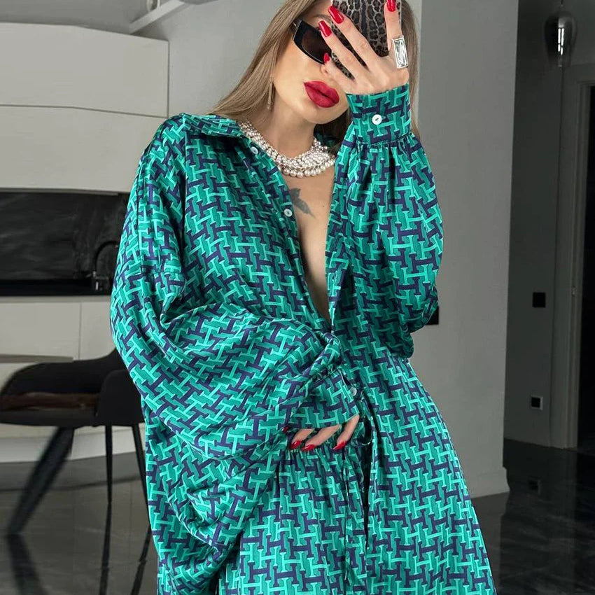 Clacive Fashion Loose Print 2 Piece Sets Women Outfit Elegant Long Sleeve Shirt With High Waist Wide Pants Set Streetwear