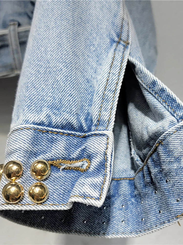 Women's Denim Coat Colored Embroidered Flares Rivet Long Sleeve Belt Waist Short Jackets Autumn New Fashion