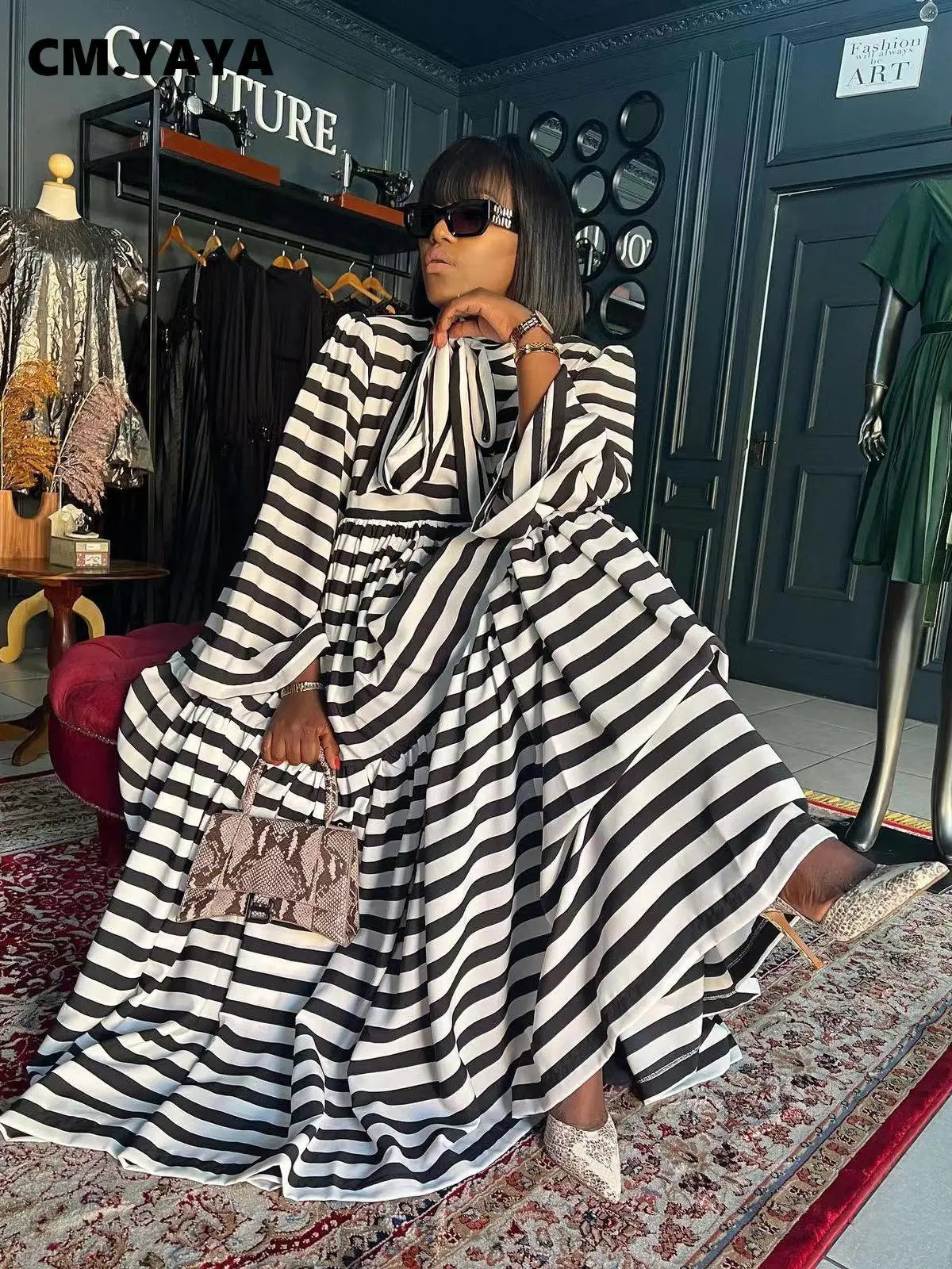 CM.YAYA Vintage Women Striped Bowknot Collar Long Sleeve High Waist Big Swing Babydoll Maxi Long Dress 2023 New Vestidos Dresses