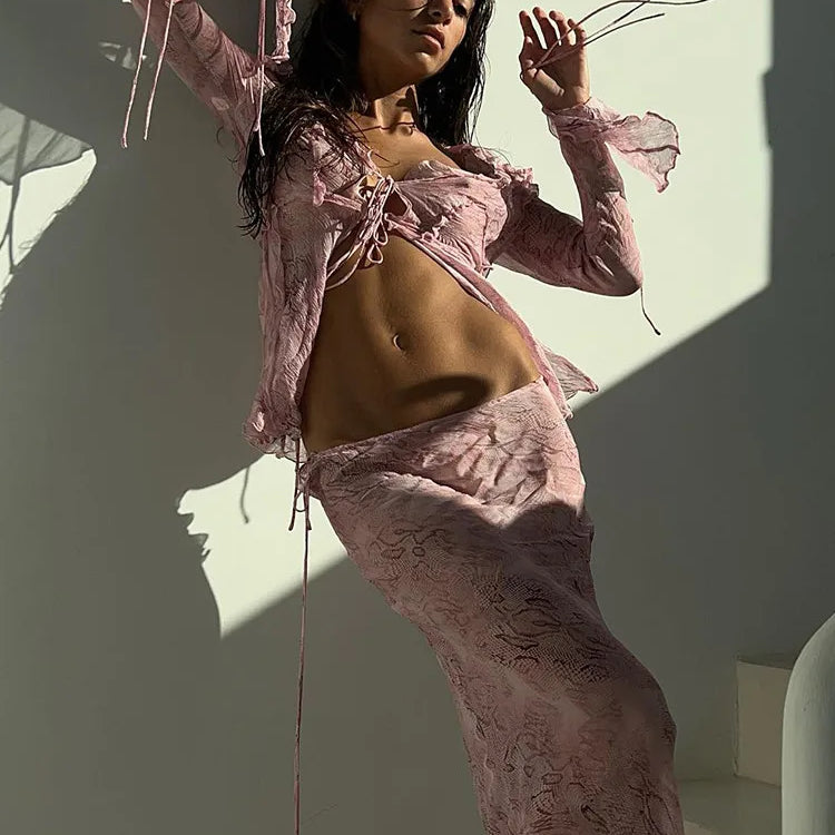 FSDA Print Y2K Mesh Long Sleeve Top Shirts Green And Maxi Skirt Bodycon Sexy Two Piece Sets Beach Outfits Women Club