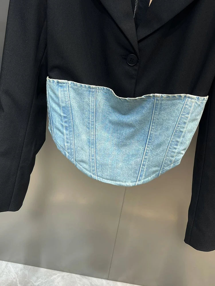 Color Patchwork Belt Casual Blazer For Women Notched Collar Long Sleeve Tunic Temperament Blazers Female Fashion Style