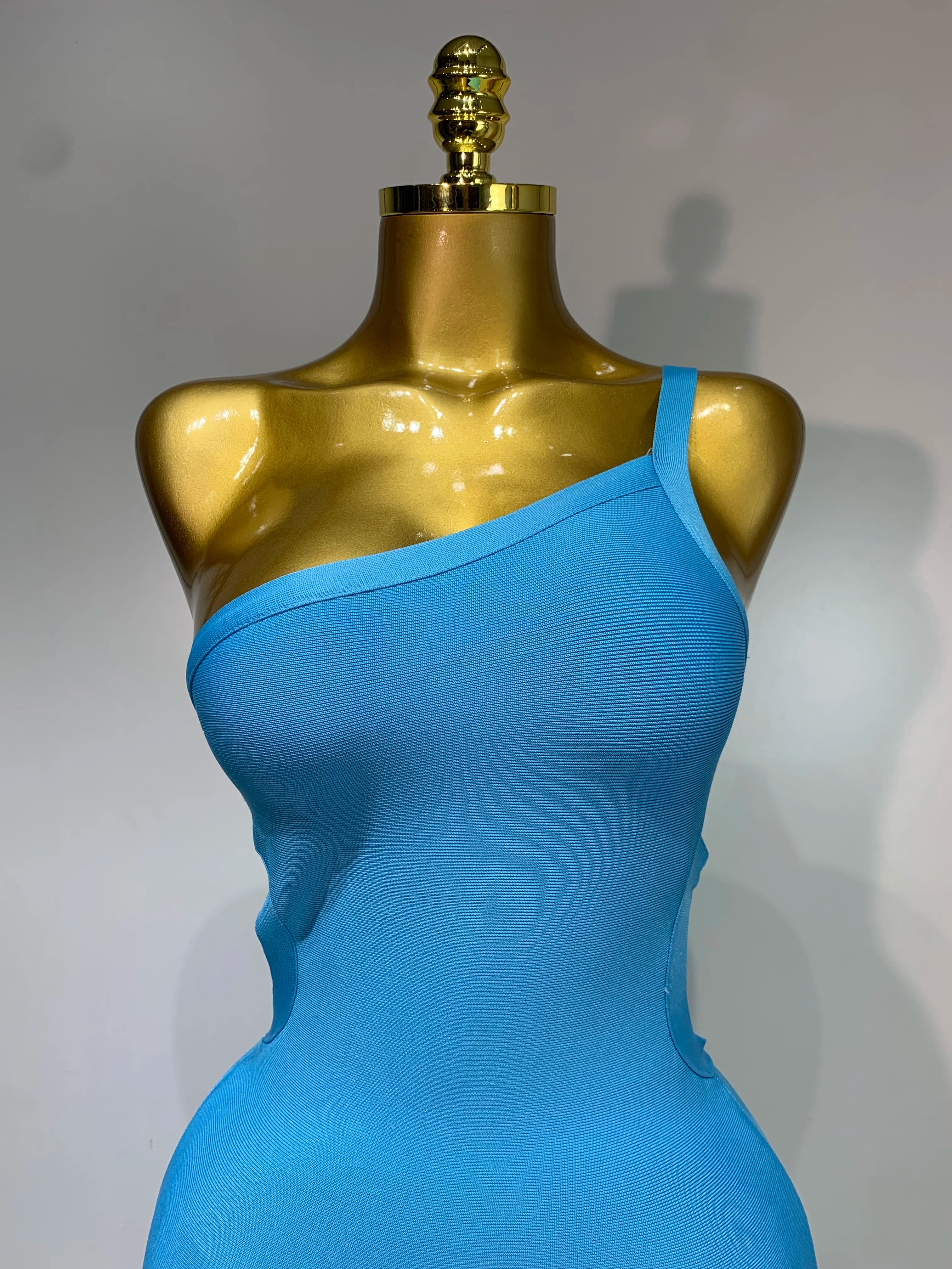 Luxury Birthday Dress Women Blue Bodycon Bandage Dress One Shoulder Sleeveless Backless Dress Cocktail Evening Party Vestidos