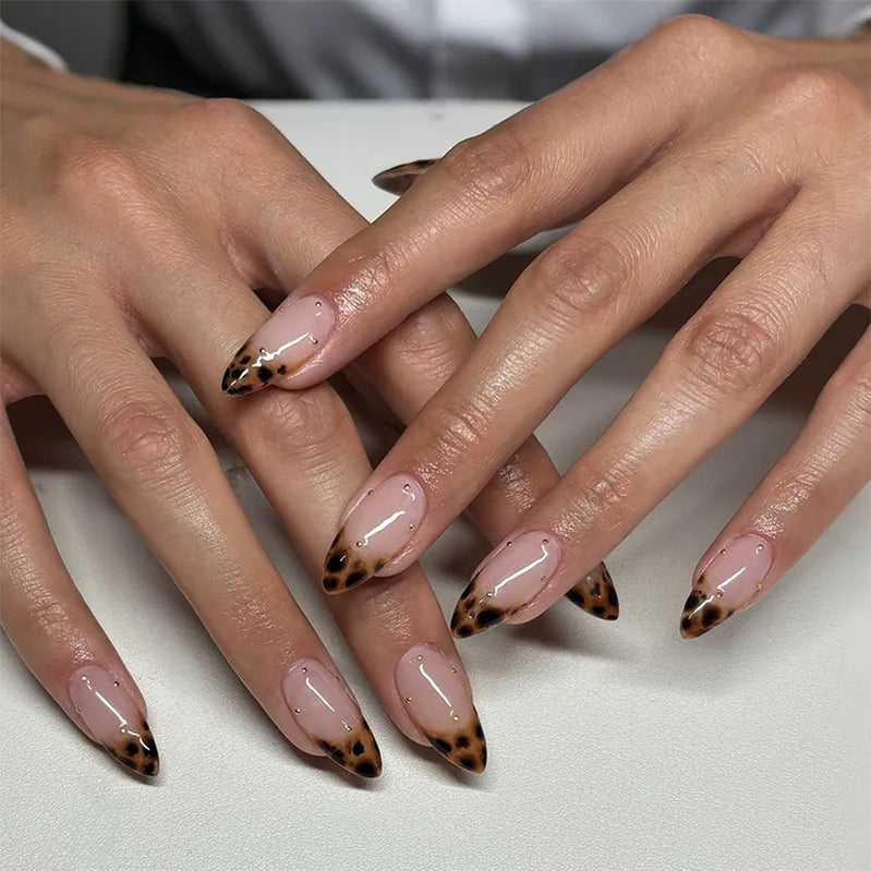 24pcs Leopard Print French Fake Nails Tips Simple Fashion Long Almond Press on Nails Sets Reusable with Jelly Glue False Nail