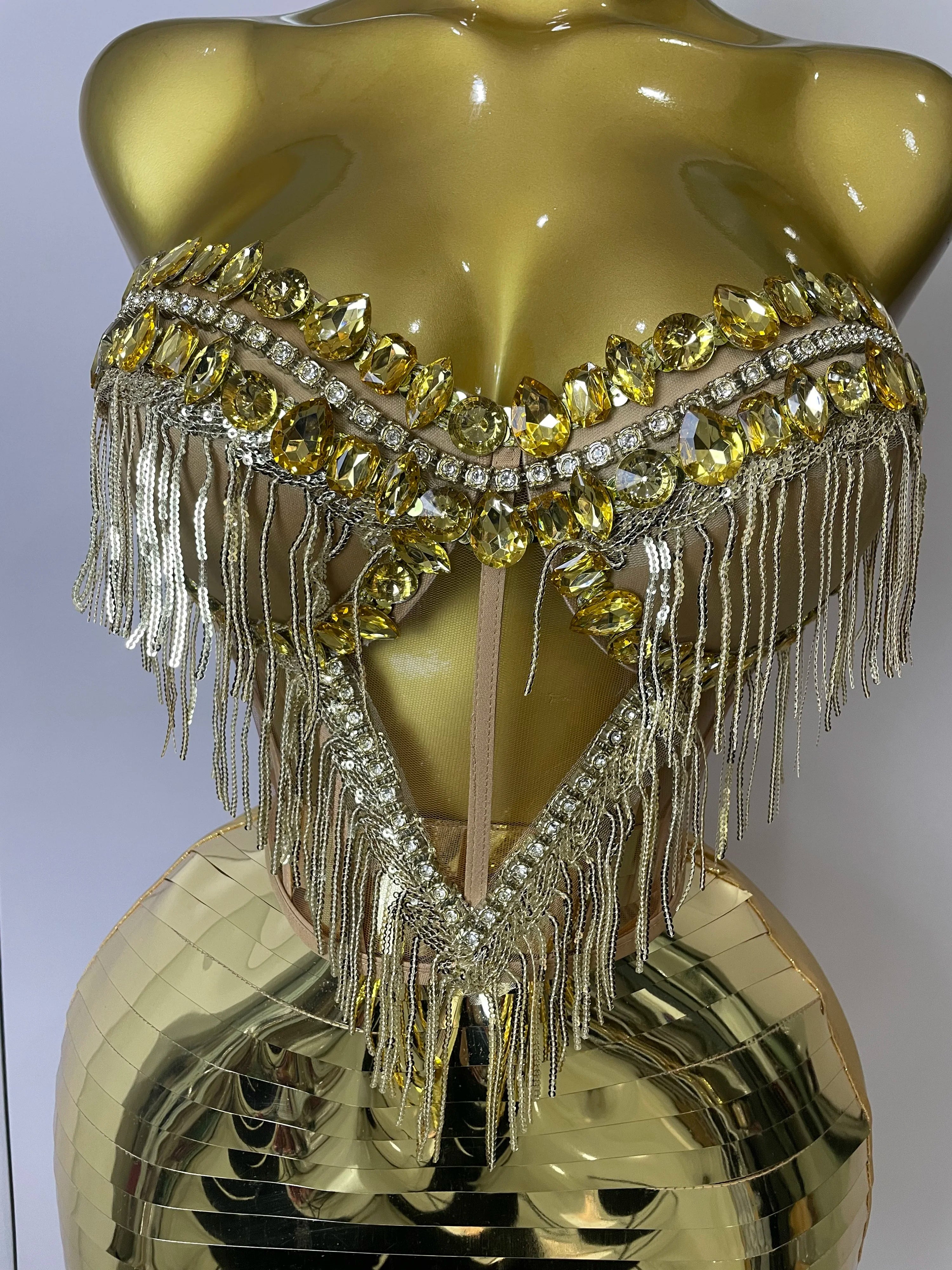 Sparkly Gold Rhinstones tassels Top Skirt Two-piec Set 2025 Women Sexy Strapless Designer Nightclub Evening Party Stage Outfit