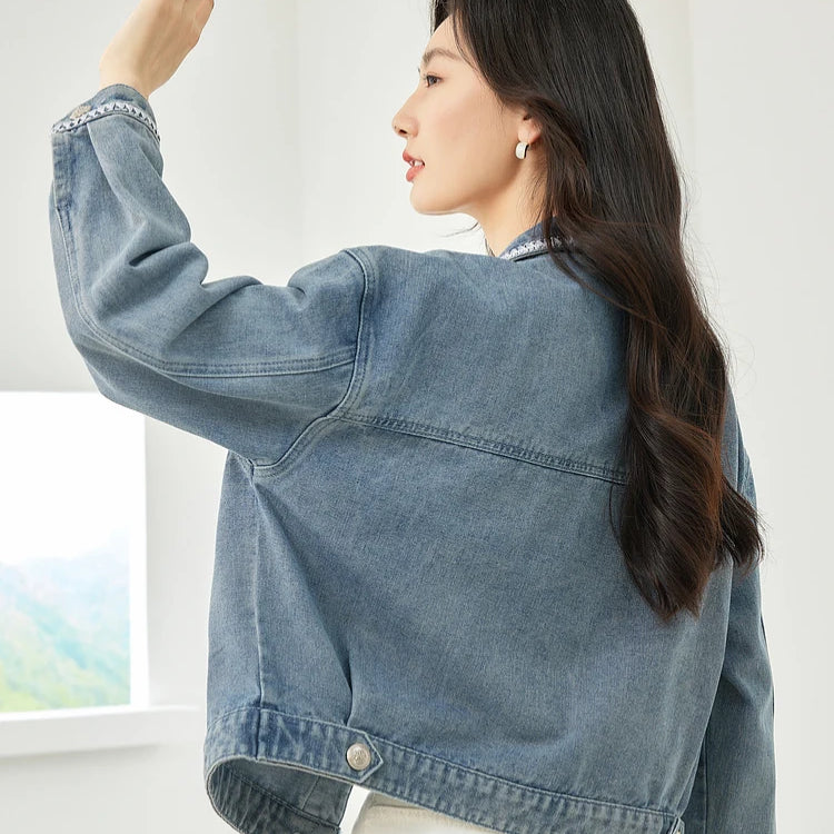 Vintage Lapel Long Sleeve Jean Jacket for Women Autumn Casual Straight Loose Denim Jackets Fall Female Clothing