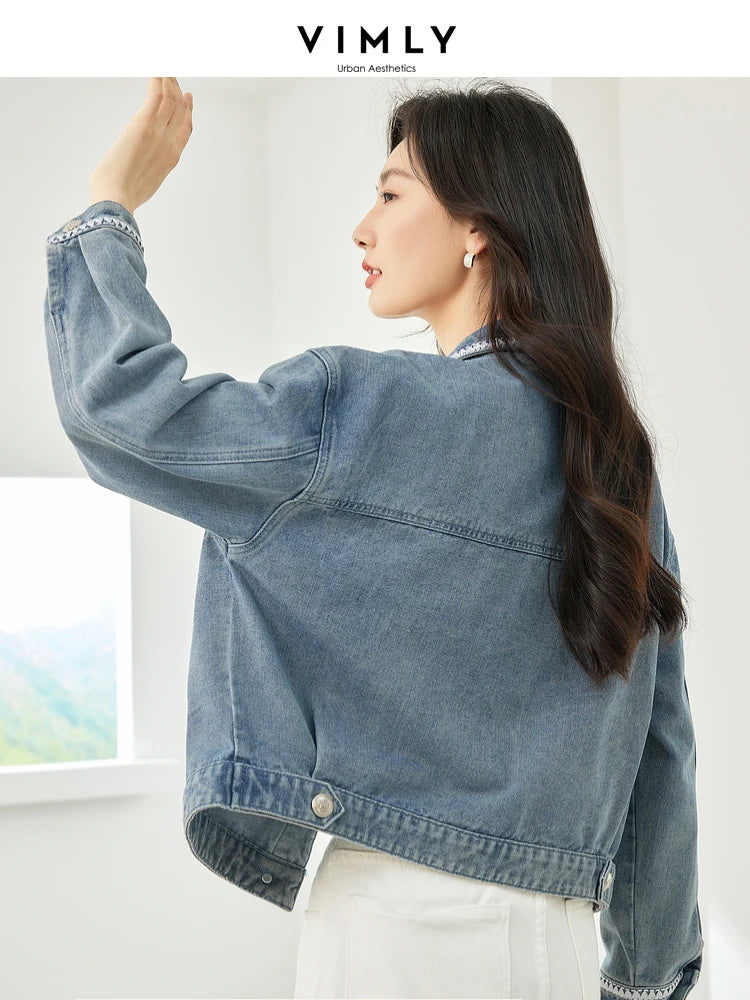 Vintage Lapel Long Sleeve Jean Jacket for Women Autumn Casual Straight Loose Denim Jackets Fall Female Clothing