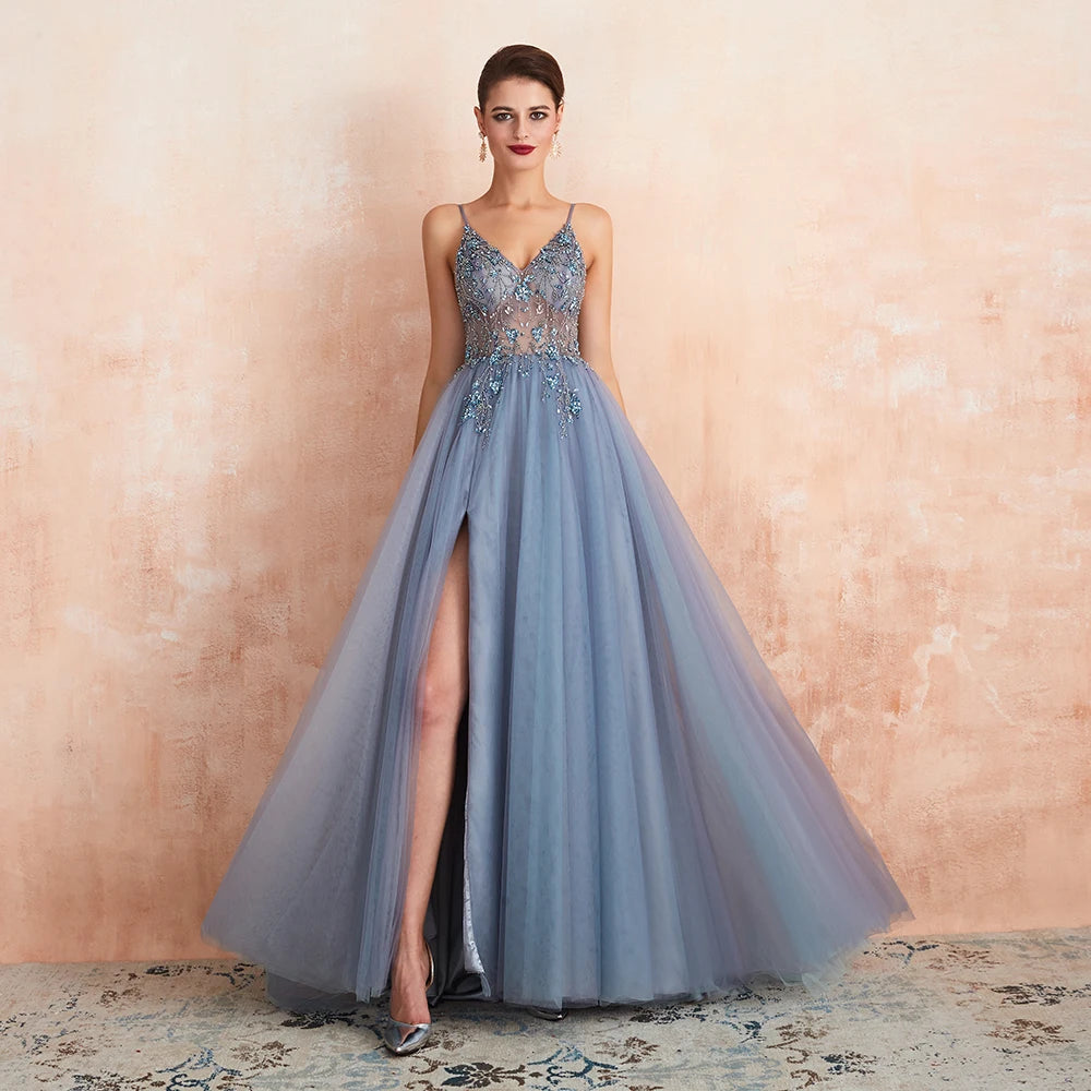 Gorgeous Evening Dresses with Slit Sexy V Neck Crystal Beaded Beads Backless Spaghetti Straps Formal Prom Gown blue gray