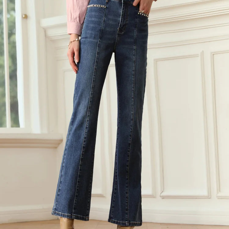 Denim Blue Women Jeans Beaded Spliced Autumn New Ankle-length Retro Elastic Female Flare Pants