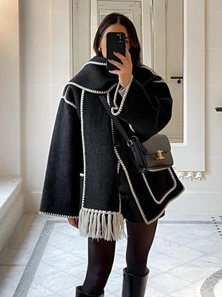Fashion Embroidery Coat With Scarf For Women Long Sleeve Pockets Jacket Female Autumn Single Breasted Loose Lady Streetwear