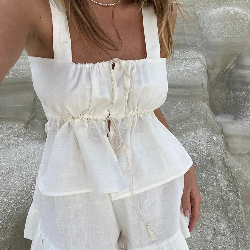 Clacive Sexy Slim White Linen 2 Piece Sets Women Outfit Summer Sleeveless Tank Top With High Waist Shorts Set Streetwear
