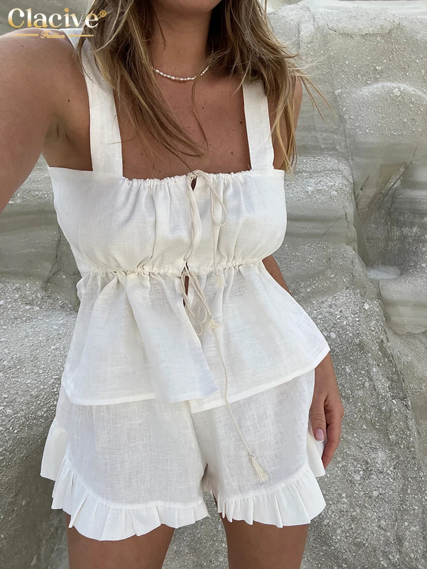 Clacive Sexy Slim White Linen 2 Piece Sets Women Outfit Summer Sleeveless Tank Top With High Waist Shorts Set Streetwear