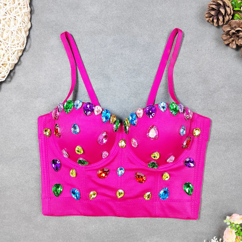 Fashion Sexy Women's Bustier Bra Hand-made Pearls Jewel Diamond Beading Crop Tops Female Cropped Sling Vest Top Bling Bra style 3 as pic 3