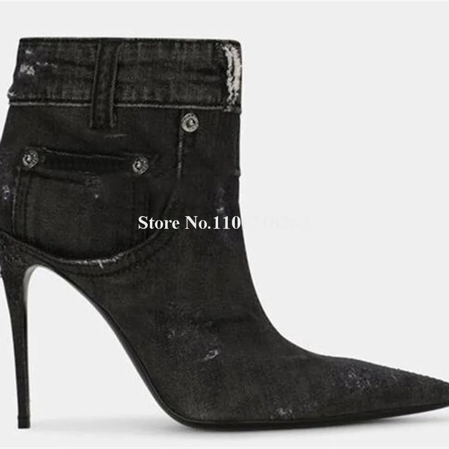 Western Fashion Blue Black Denim Short Boots Pointed Toe Sexy Slip-on Stiletto Heel Jean Ankle Booties Casual High Heels