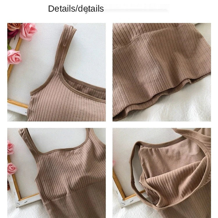 Summer Crop Top Women Seamless Square Collar Wide Straps Tank Top Knitted Striped Camisole Solid Corset Top Female