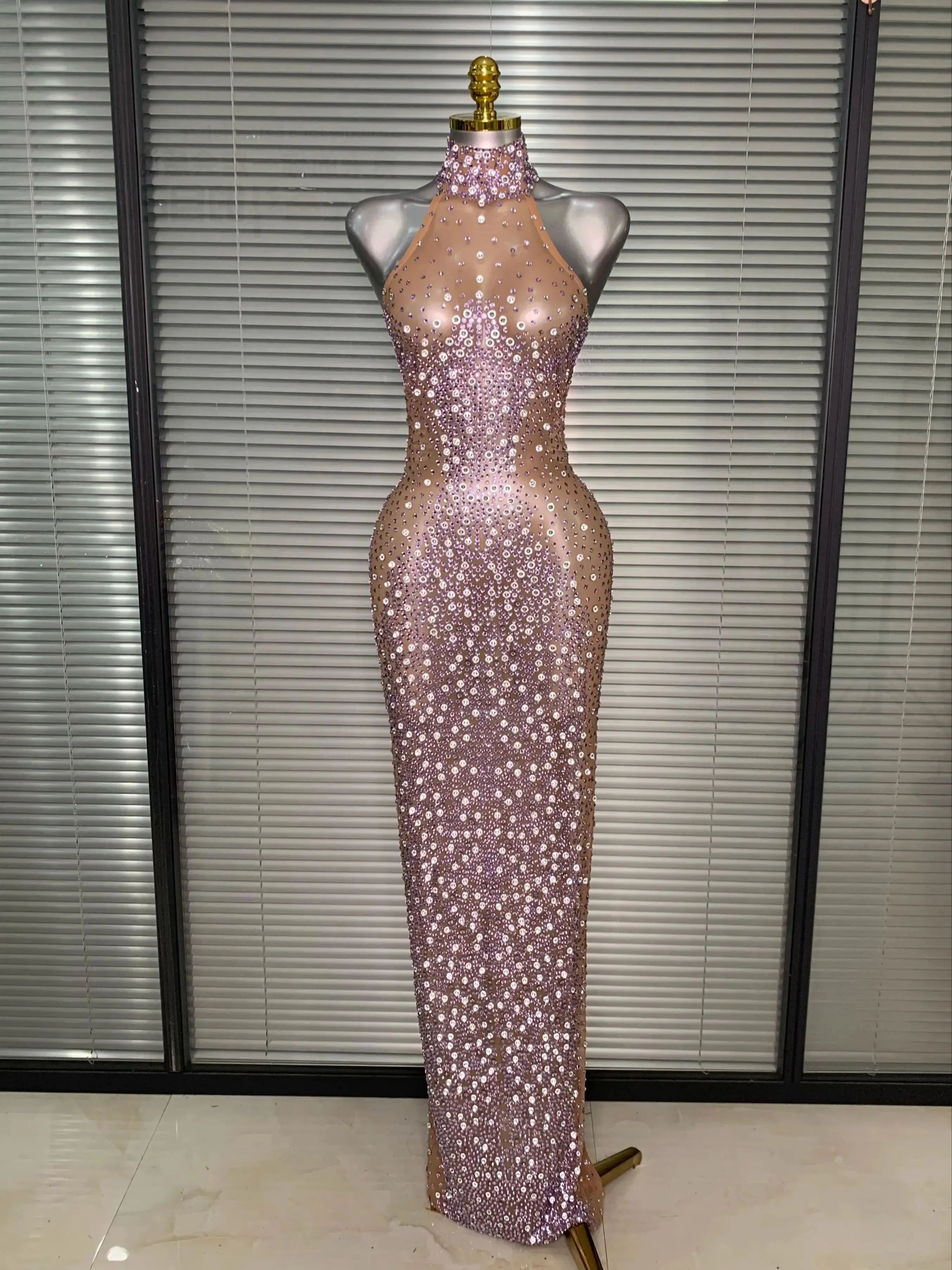 Women Sexy Mesh Crystal Diamonds Shinning Maxi Dress See Through Sheer Party Singer Stage Performance Costume