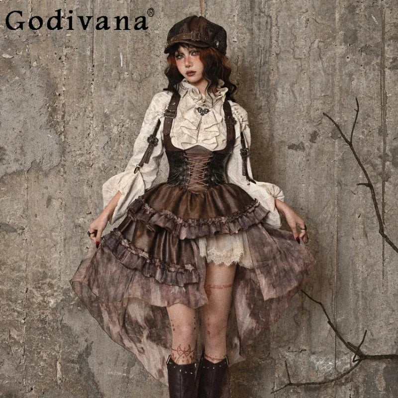 Original Punk Asymmetrical PU Chest Plate Strap Trailing Dresses Long Sleeve Shirt Dress Sets Autumn Gothic Girls Outfits