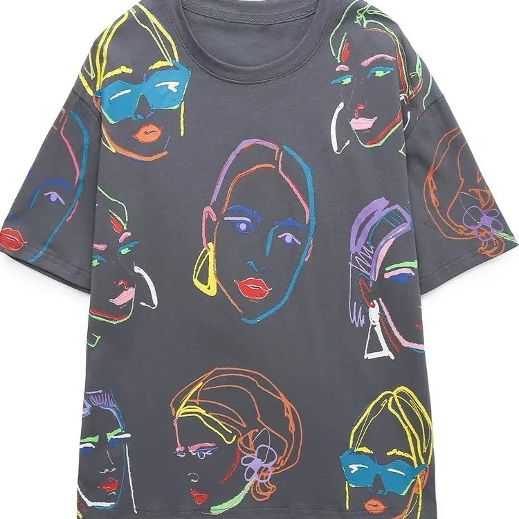 Women Fashion Contrast Color Girls Print Casual T Shirt Female Basic O Neck Short Sleeve Chic Leisure Tops T3069