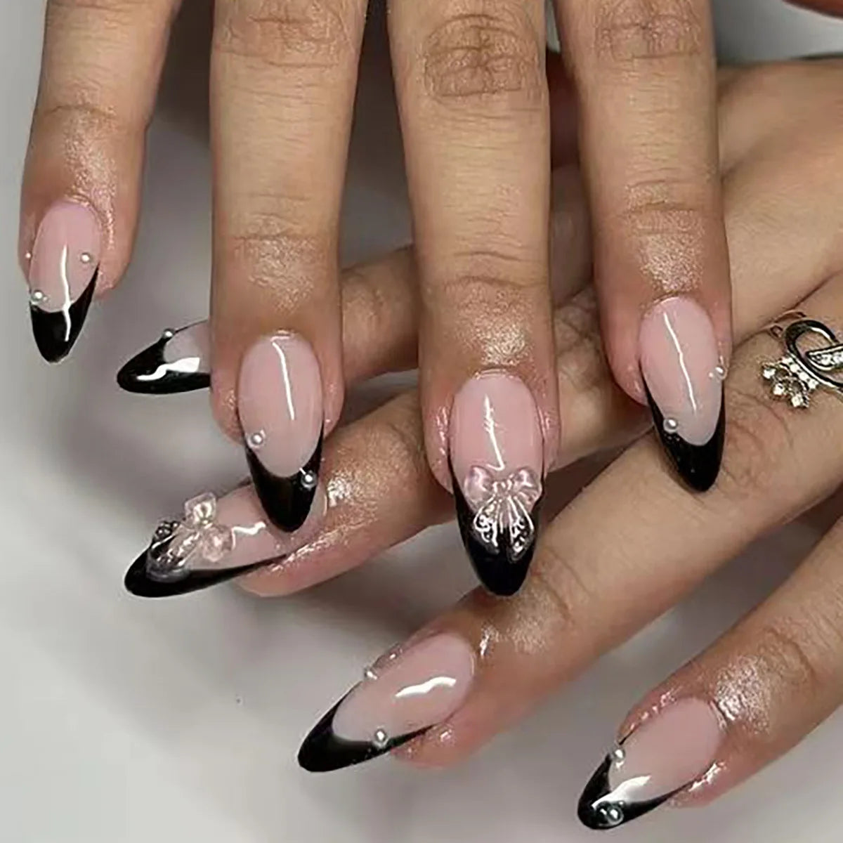 24Pcs Short Round Fake Nails with Gilding Flower Design Wearable Almond False Nails Tips Golden Lines Detachable Press on Nails