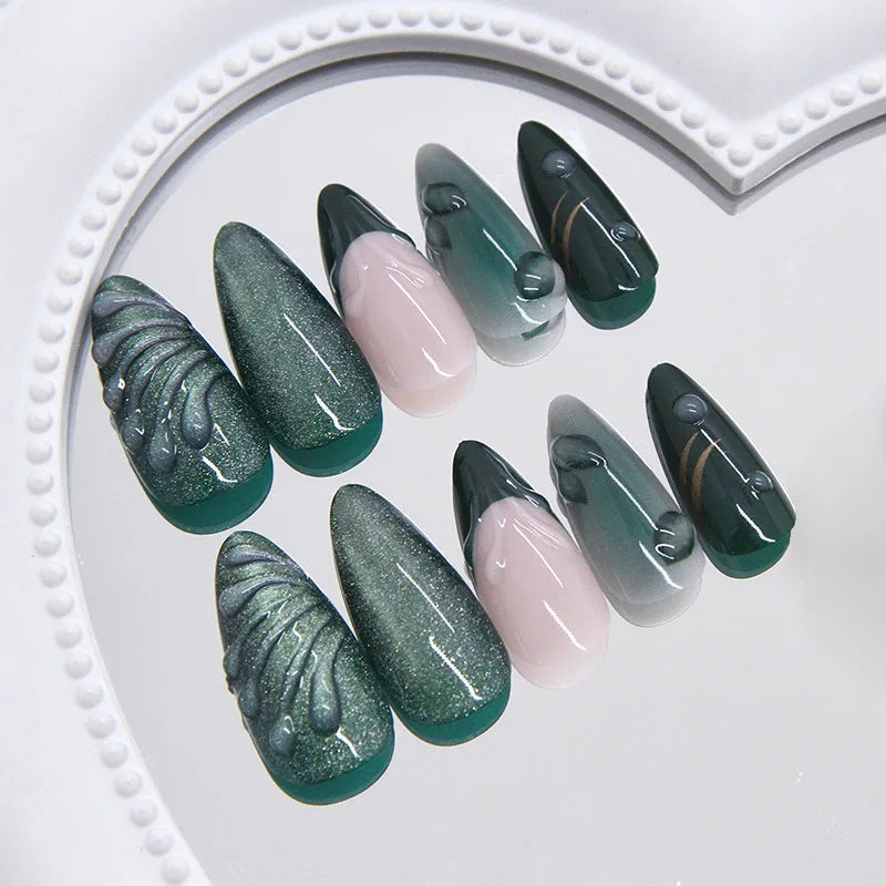 24pcs French Almond Press on Nails Retro Green Cat Eye Fake Nail Tips Detachable Wearable Sweet Cool Spice Girl False Nails