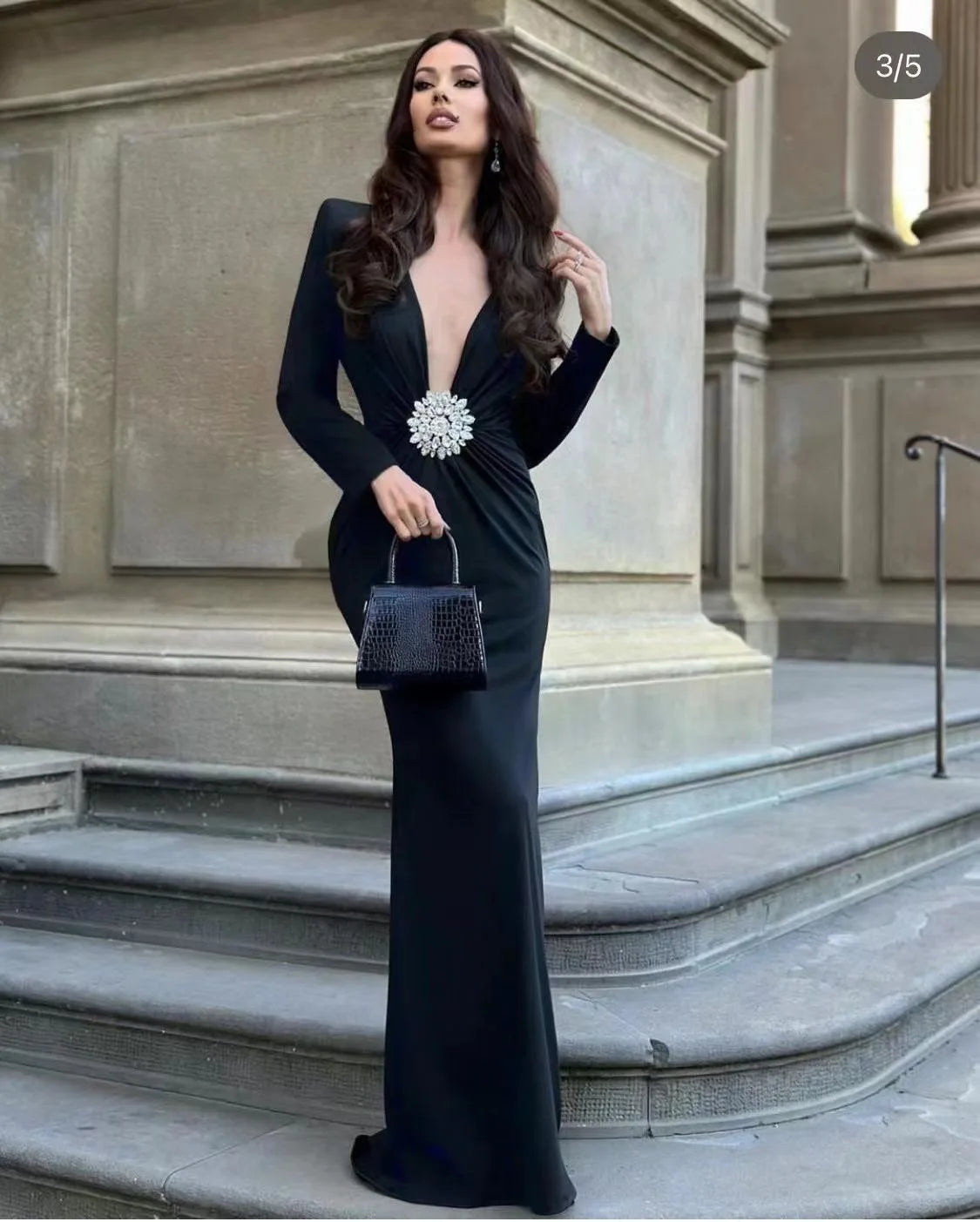 Vestido longo colado, preto, vermelho, branco, feminino, manga longa, sexy, decote em V, cristal brilhante, elegante, festa à noite, roupa de comemoração